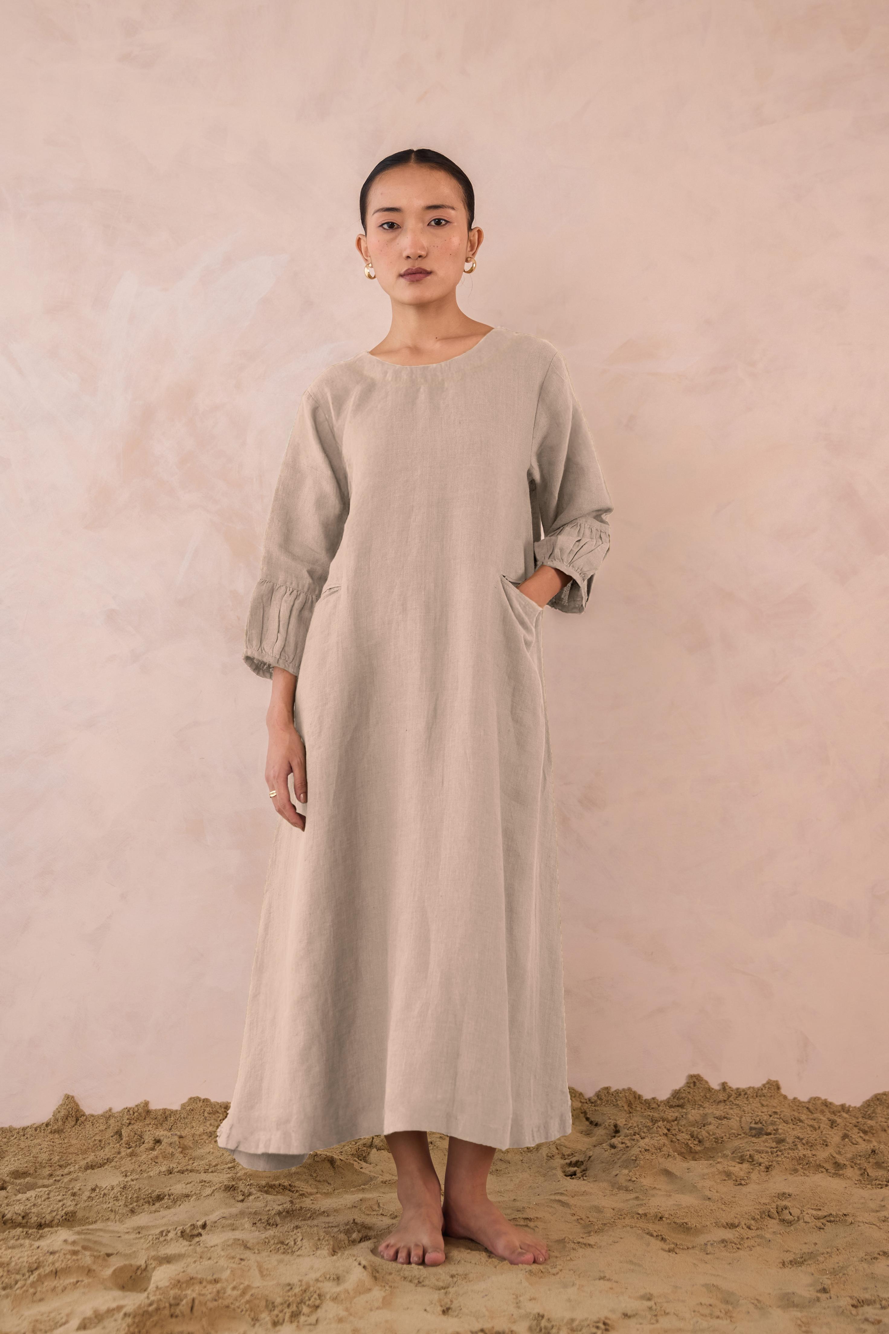 Buy Linen Peach Dress In Oatmeal Online