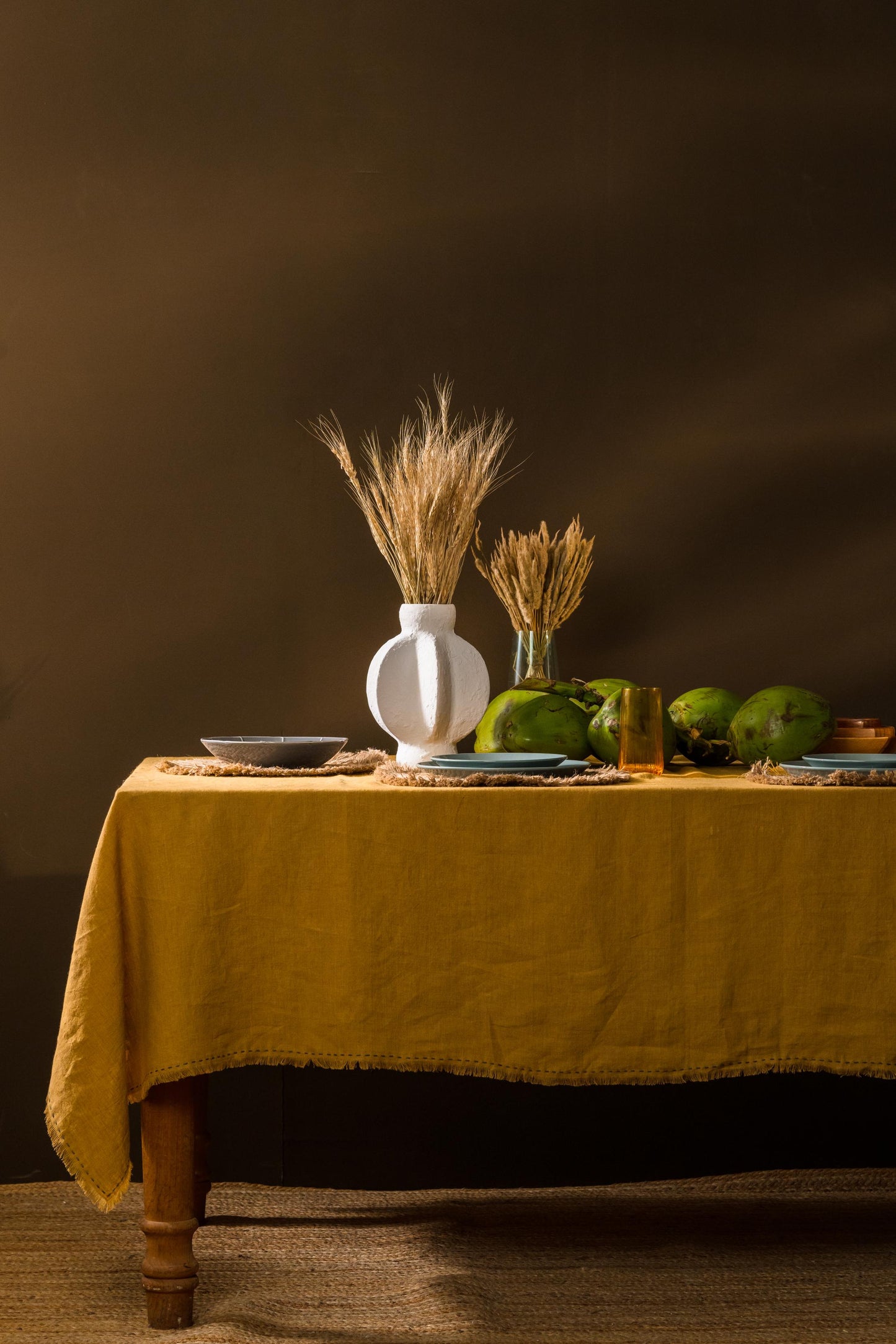 Linen Fringe Me Kantha Tablecloth-Dusty Gold