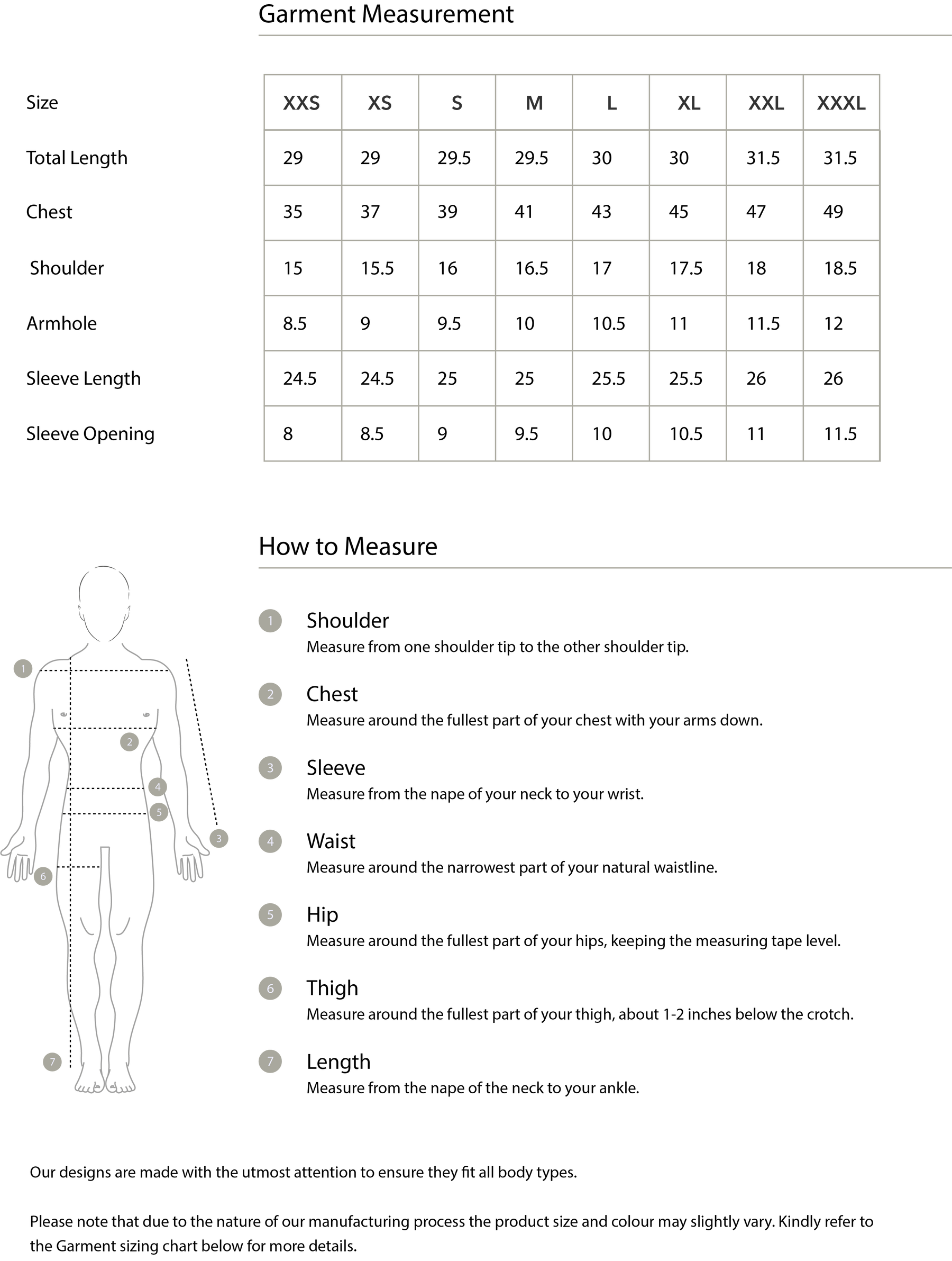 Size chart in inches
