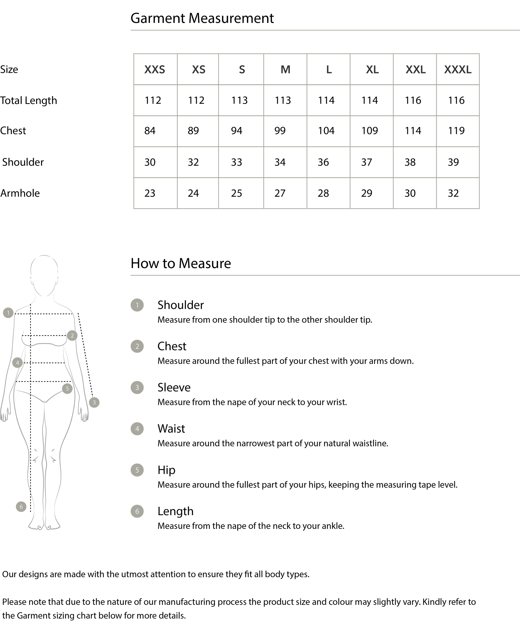 Size chart in centimetres