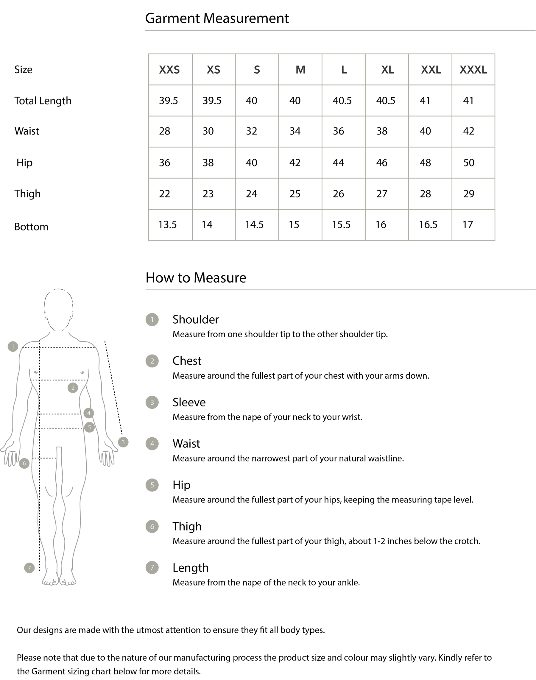 Size chart in inches