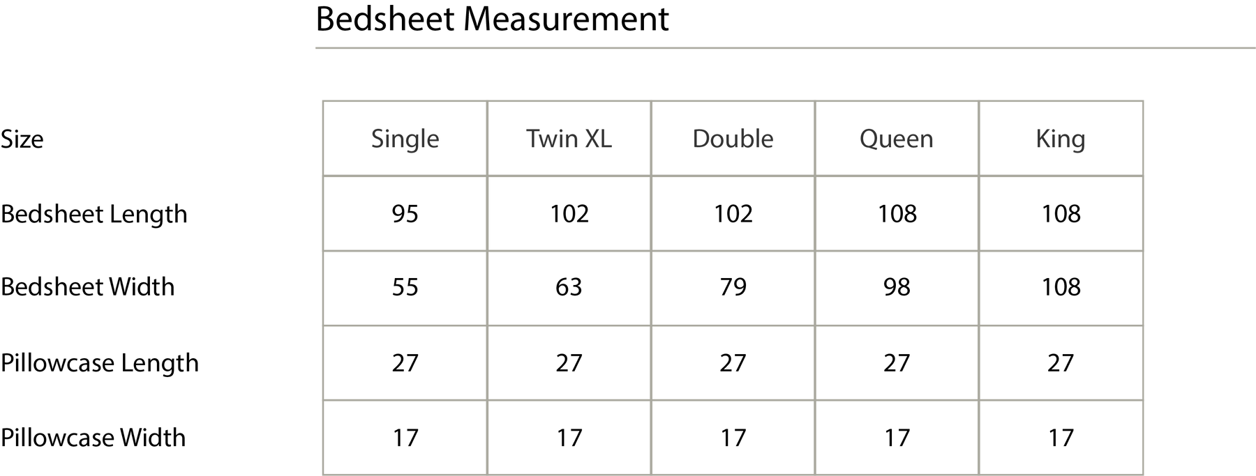 Size chart in inches