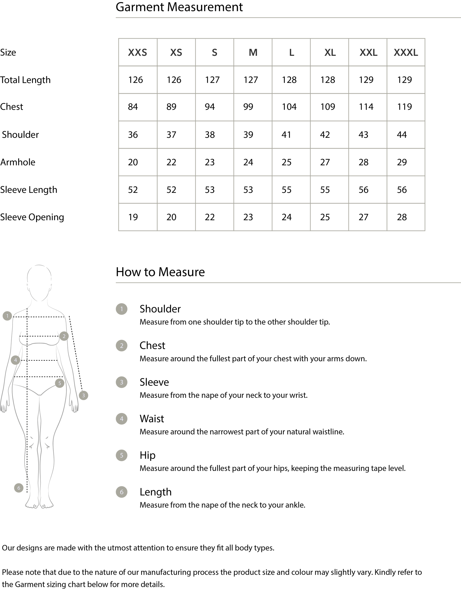 Size chart in centimetres