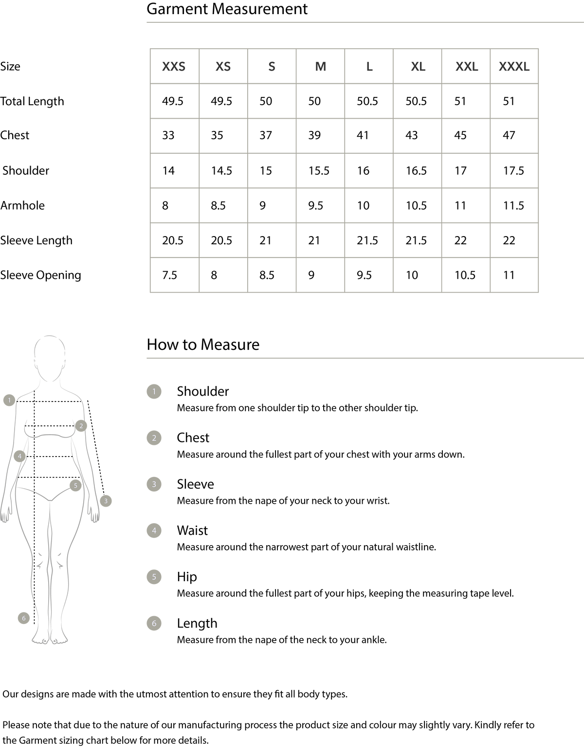 Size chart in inches