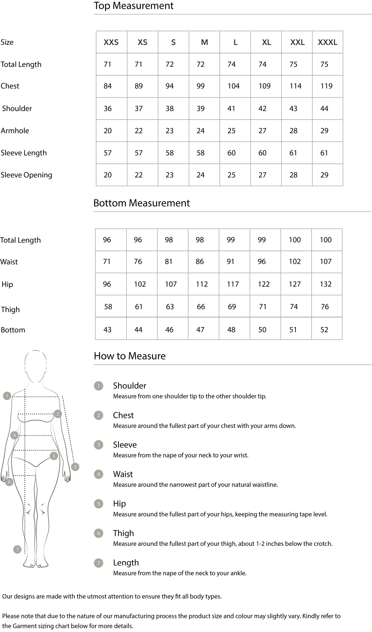Size chart in centimetres