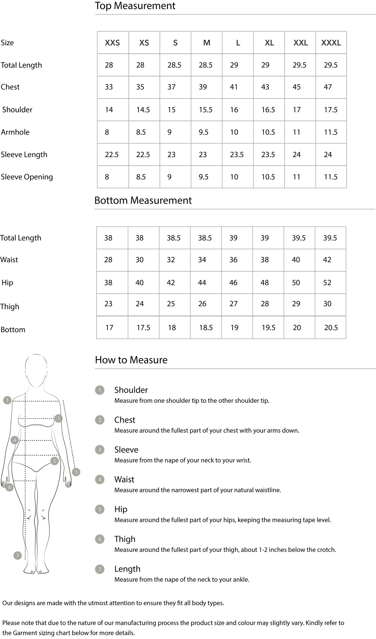 Size chart in inches