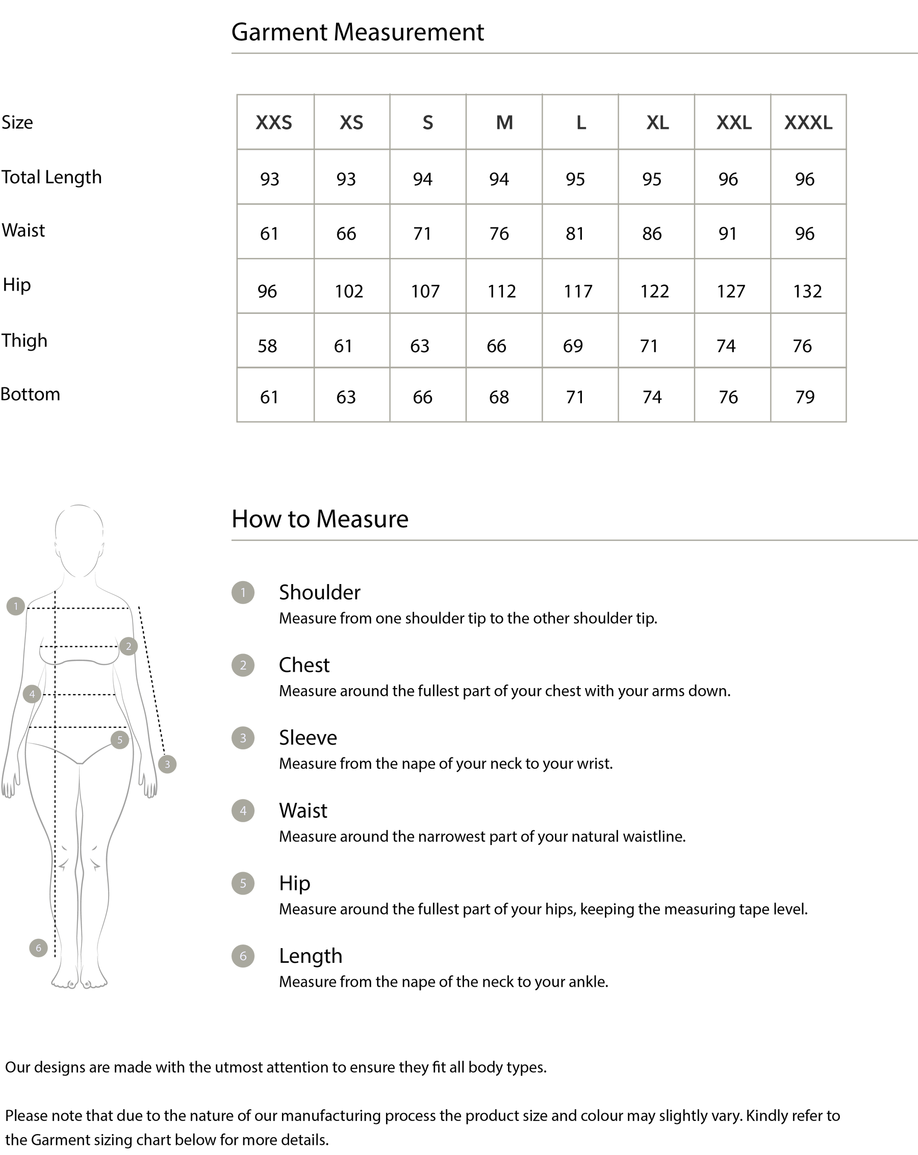 Size chart in centimetres