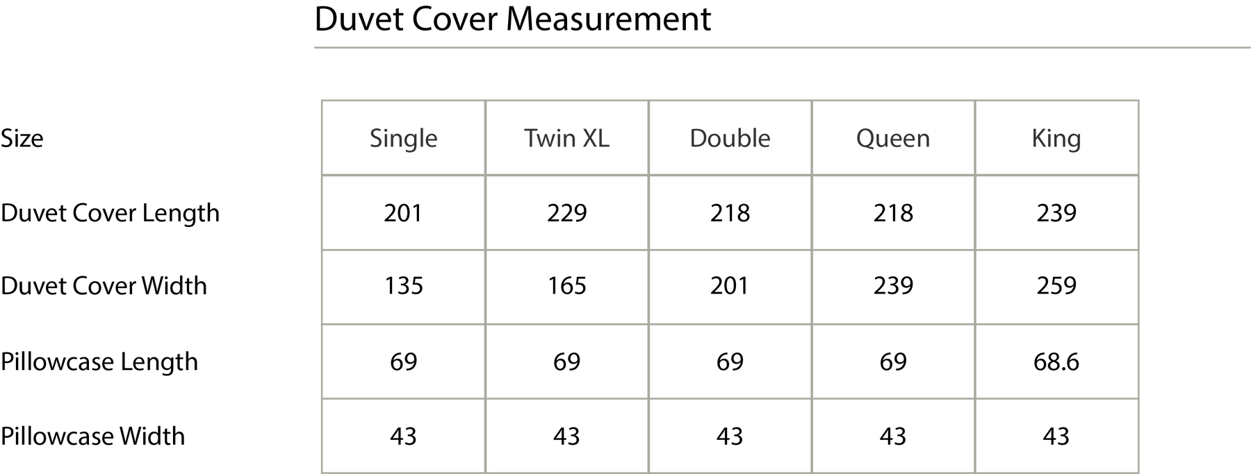 Size chart in centimetres