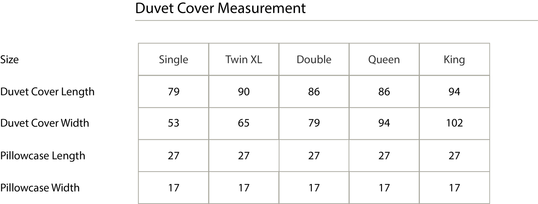Size chart in inches