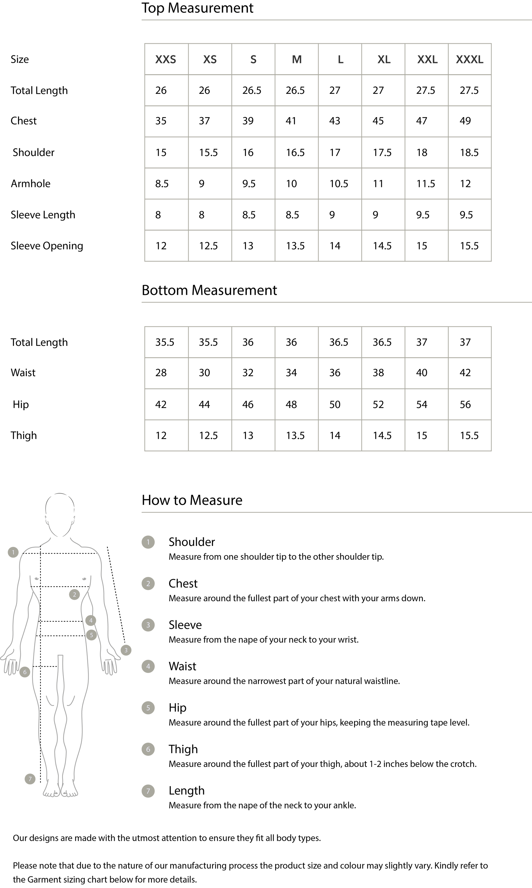 Size chart in inches
