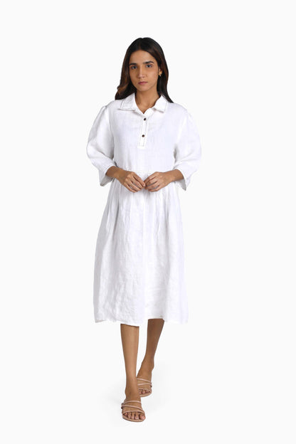 Linen Pinnacle Midi Dress-Angora White