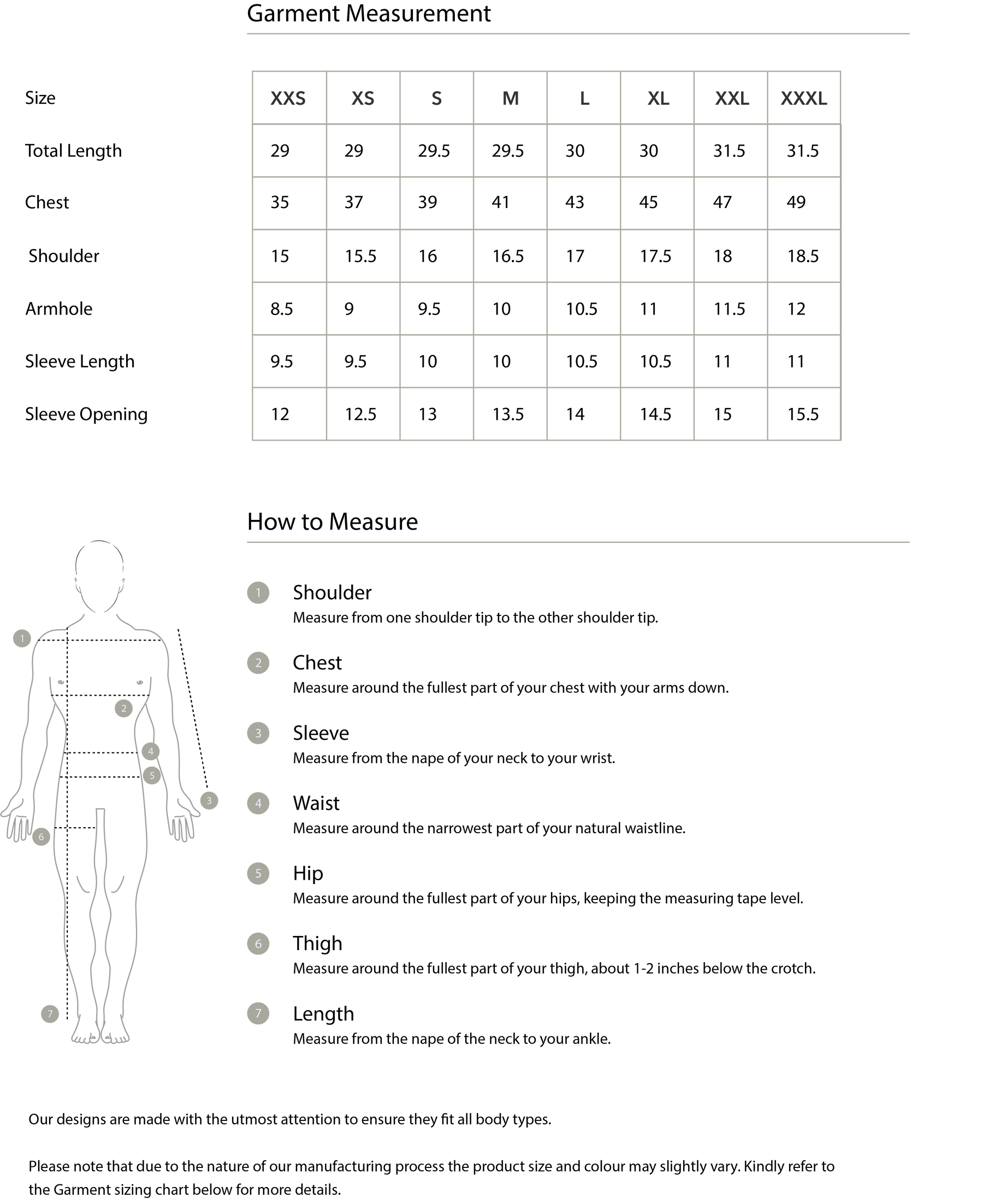 Size chart in inches