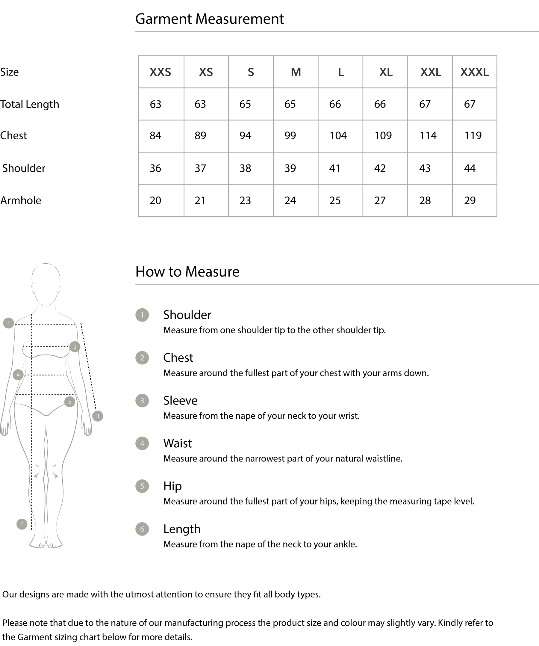 Size chart in centimetres