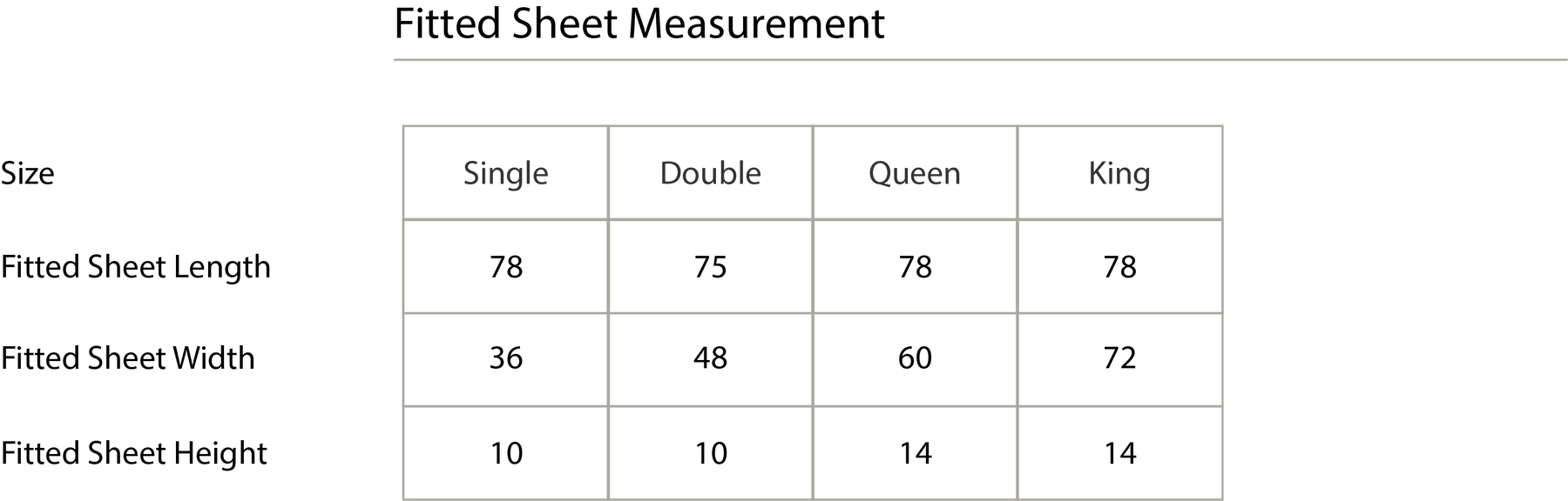 Size chart in inches