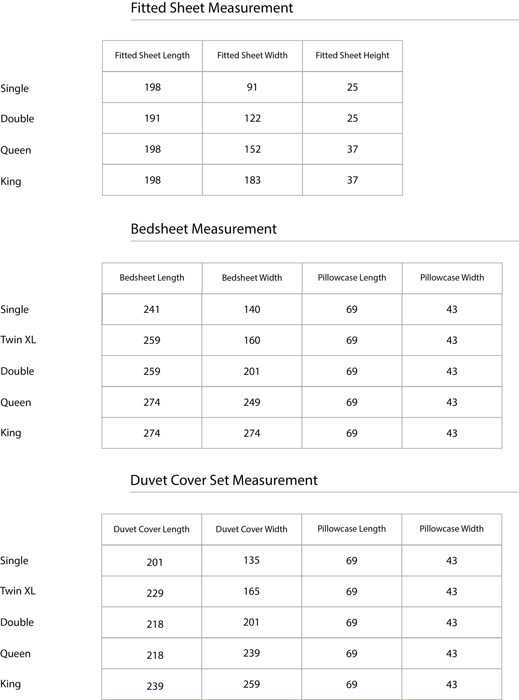 Size chart in centimetres