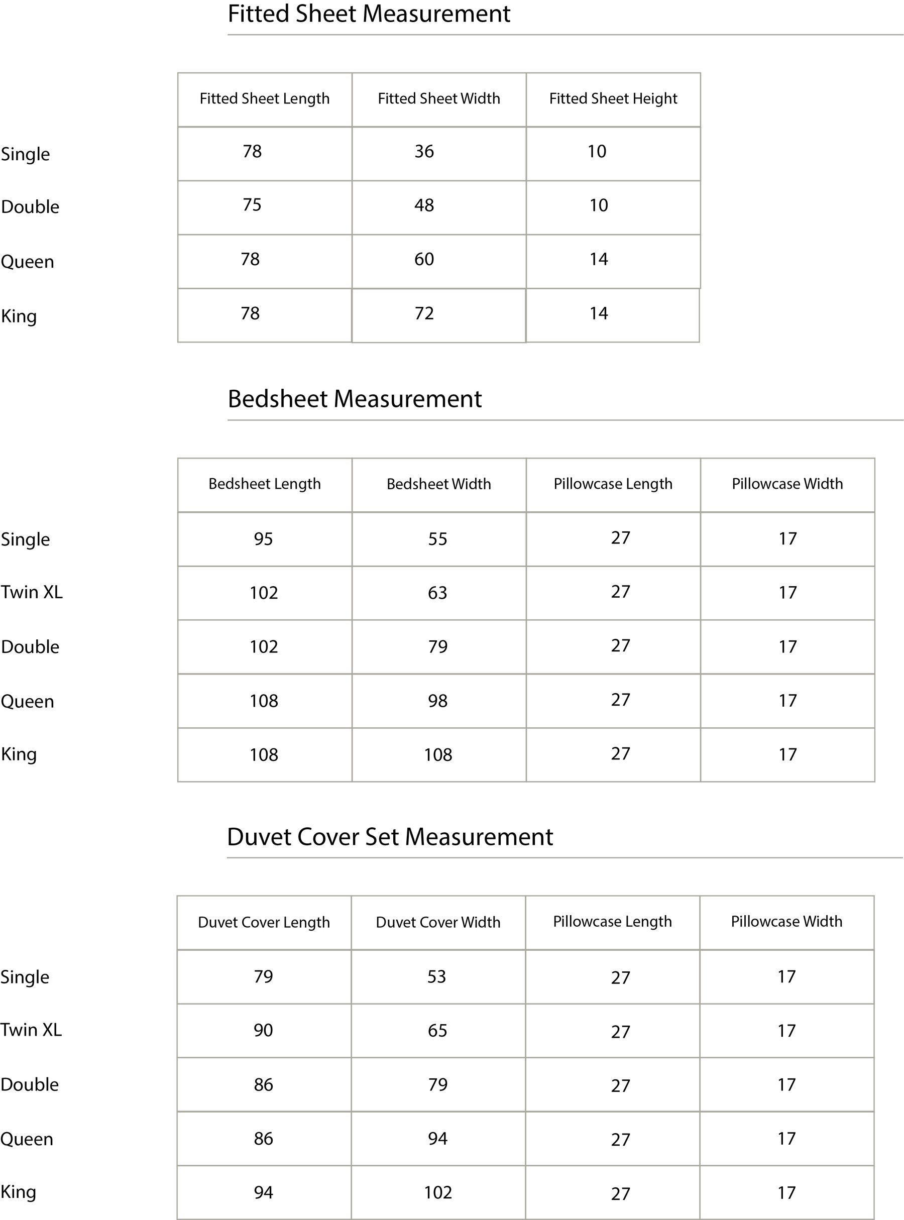 Size chart in inches