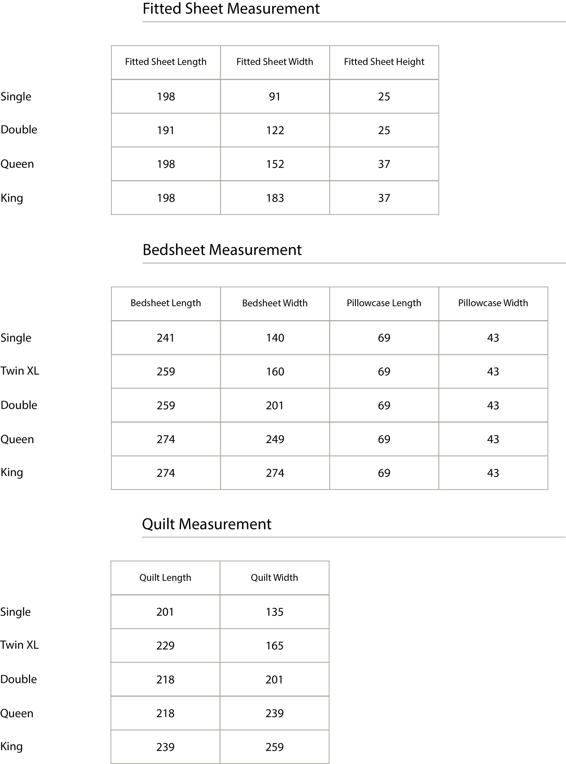 Size chart in centimetres