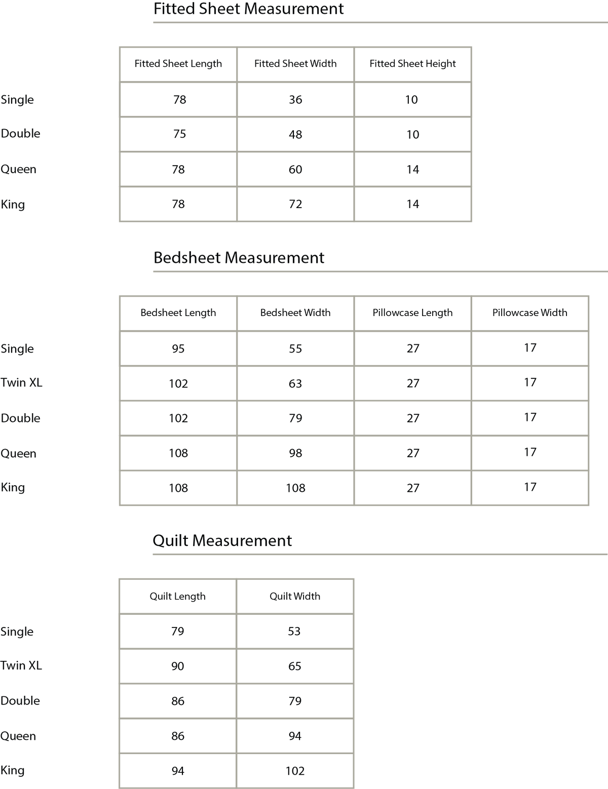 Size chart in inches