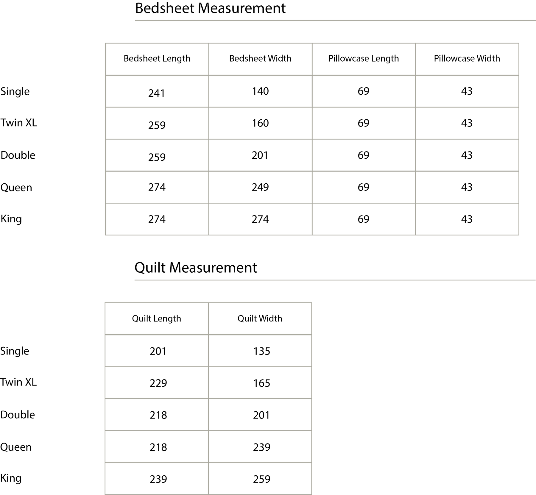 Size chart in centimetres