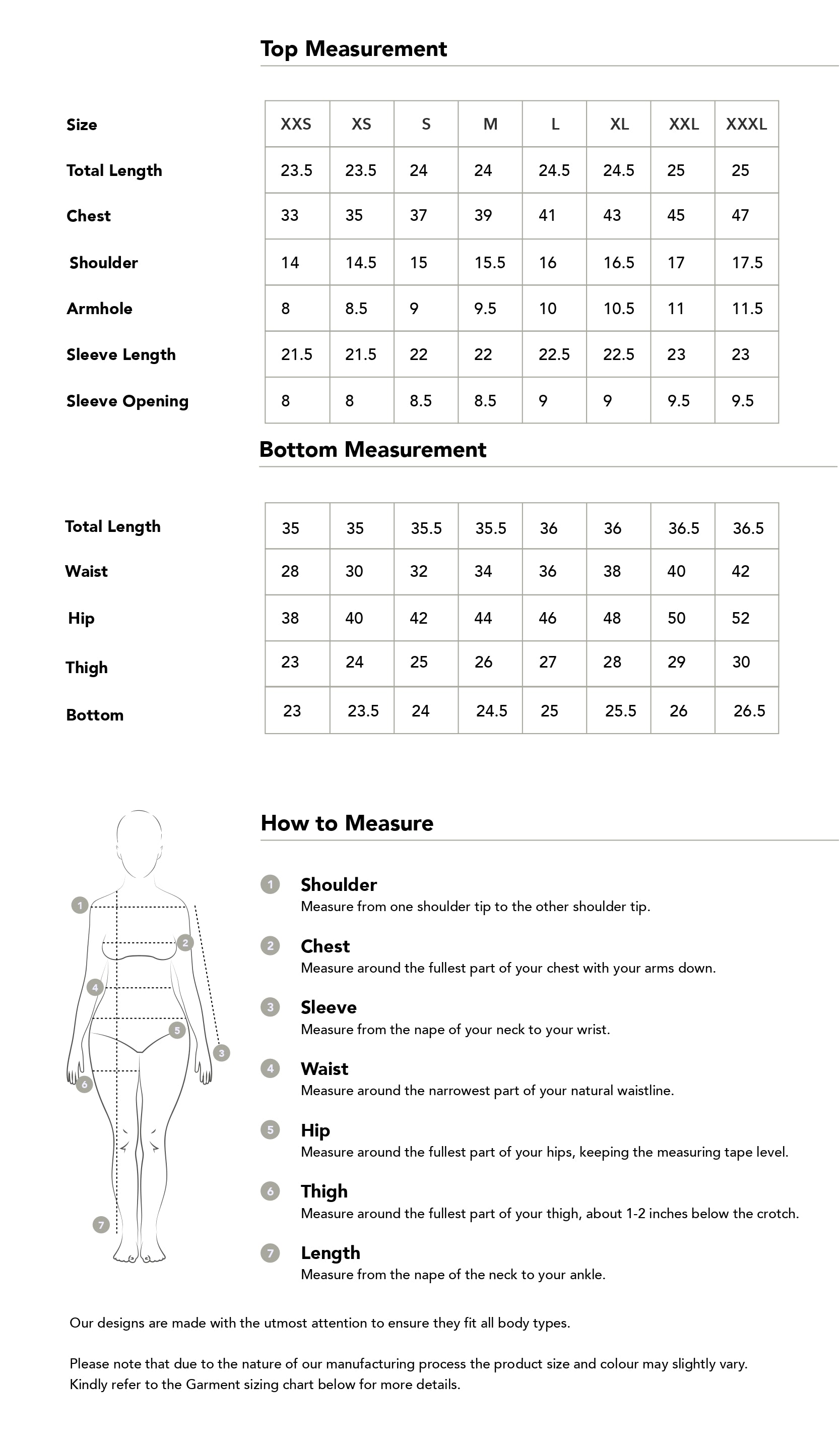Size chart in inches