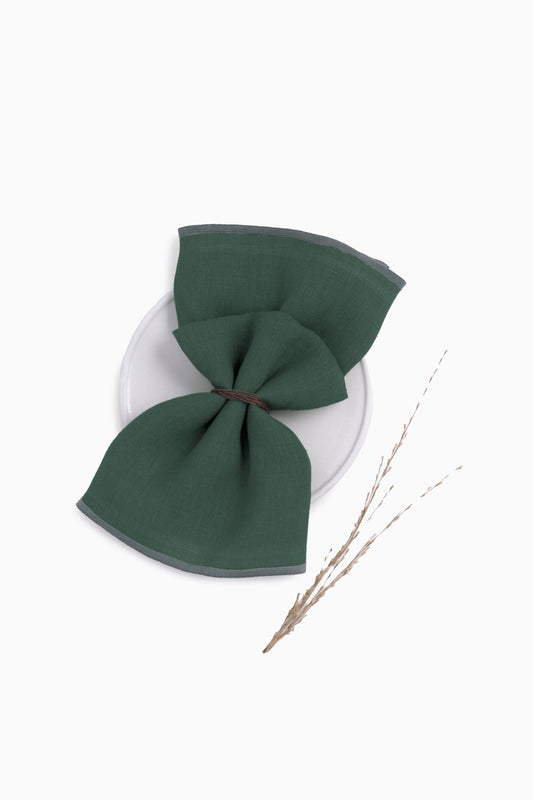 Linen Grey Needled Napkin Set-Bottle Green