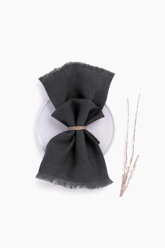 Linen Fringe Me Good Napkin Set-Charcoal Grey