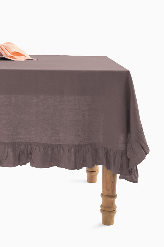 Linen Ruffle Medley Tablecloth-Caramel Brown