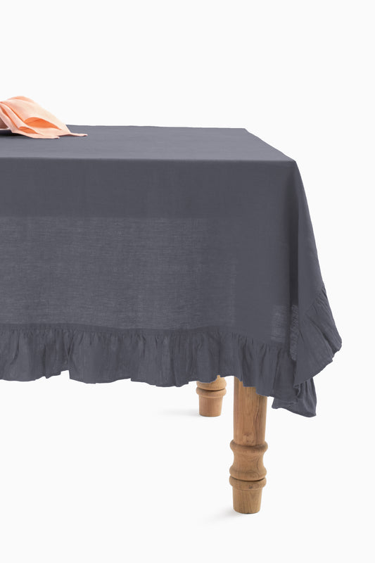 Linen Ruffle Medley Tablecloth-Charcoal Grey