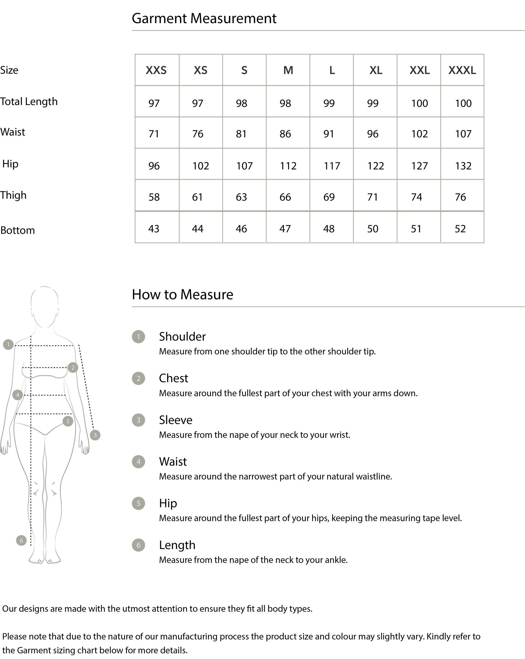 Size chart in centimetres