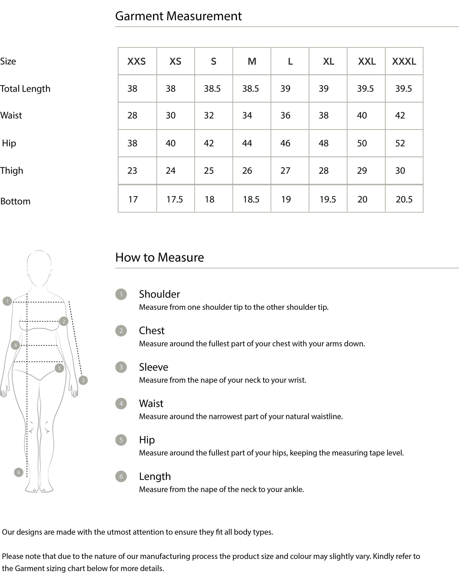 Size chart in inches