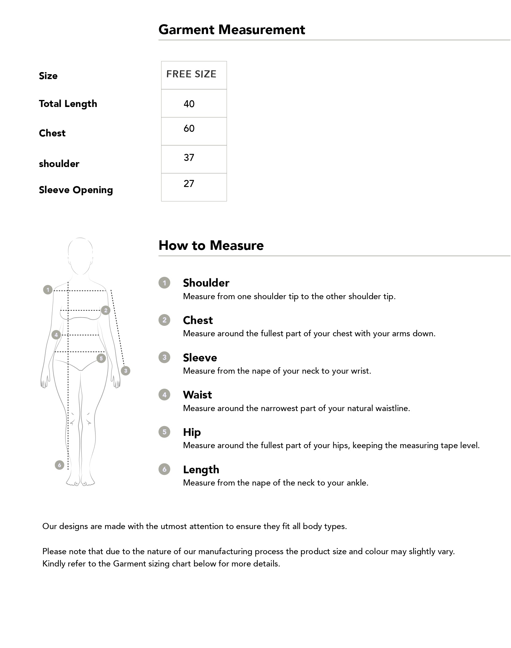 Size chart in inches