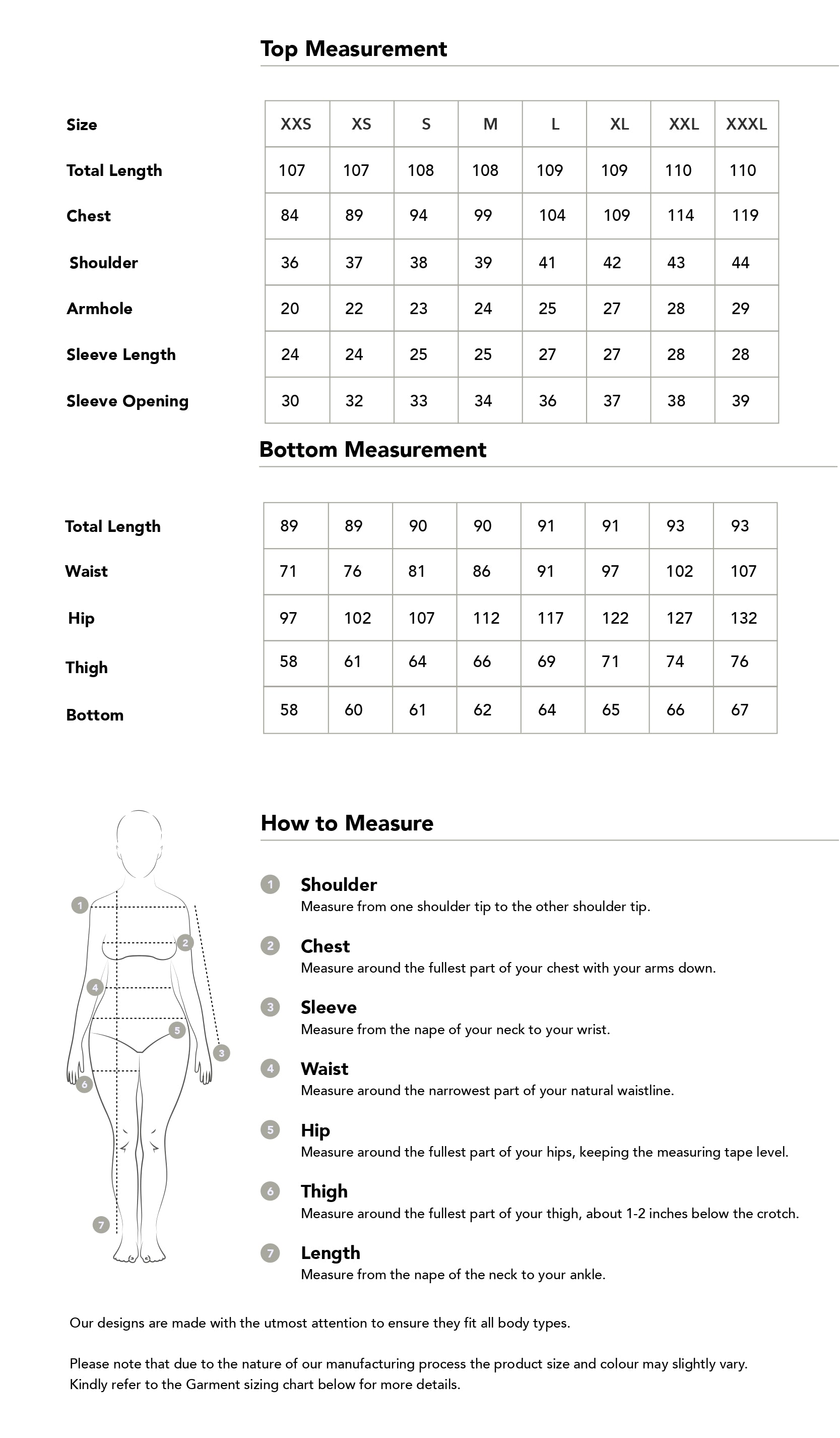 Size chart in centimetres
