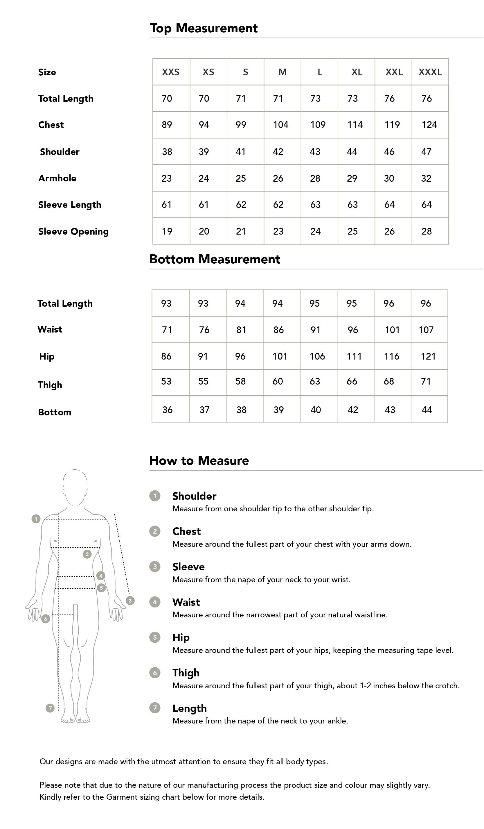 Size chart in centimetres