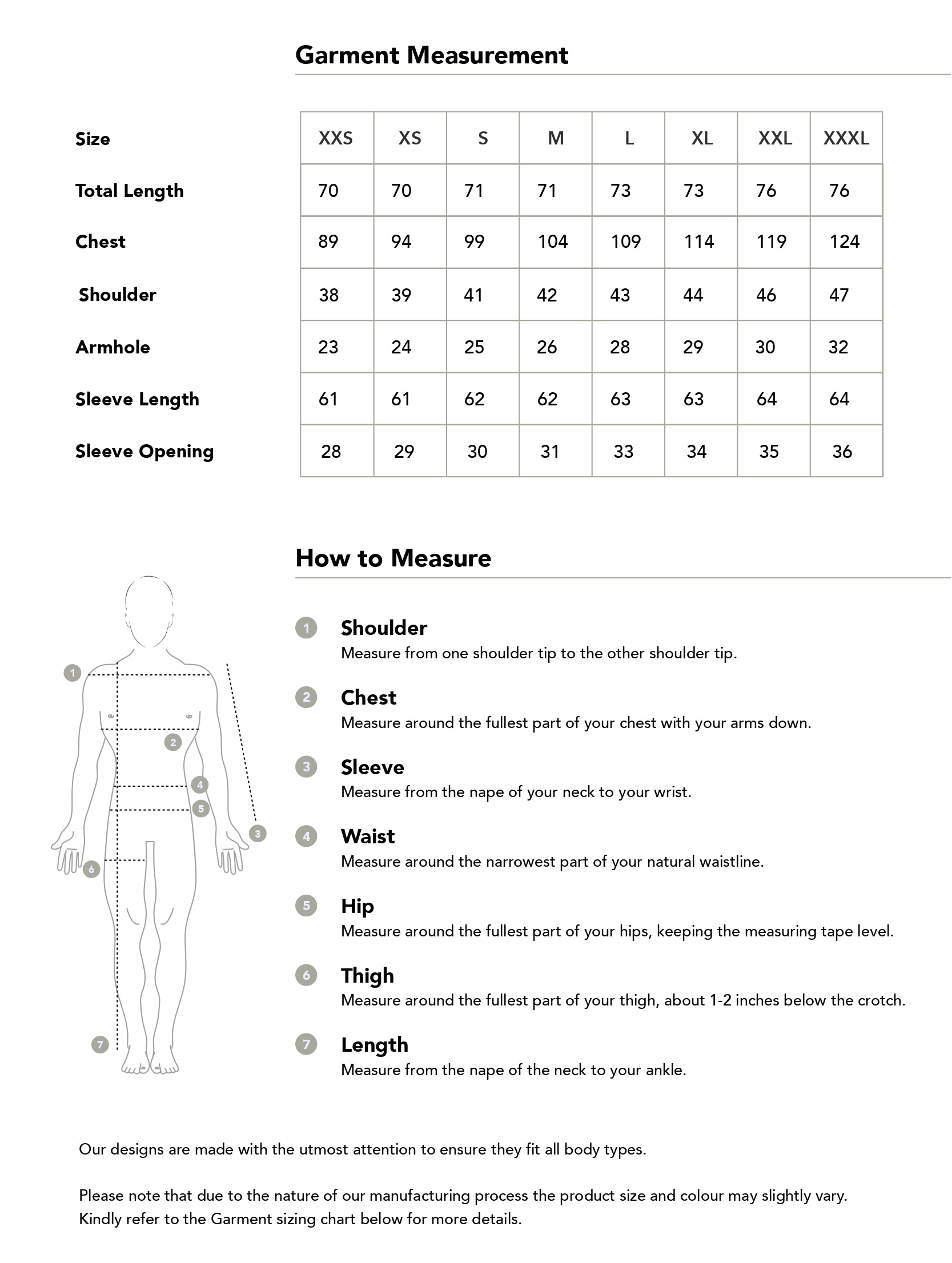 Size chart in centimetres