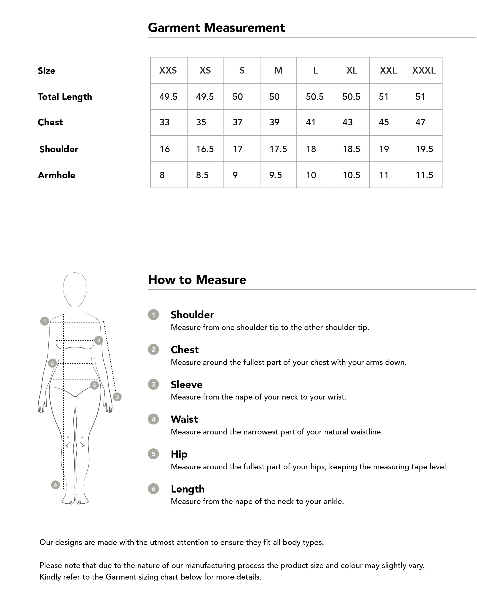 Size chart in inches