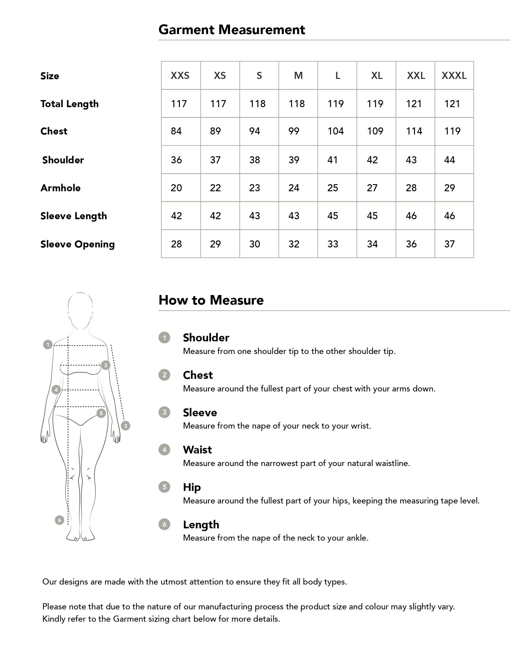 Size chart in centimetres
