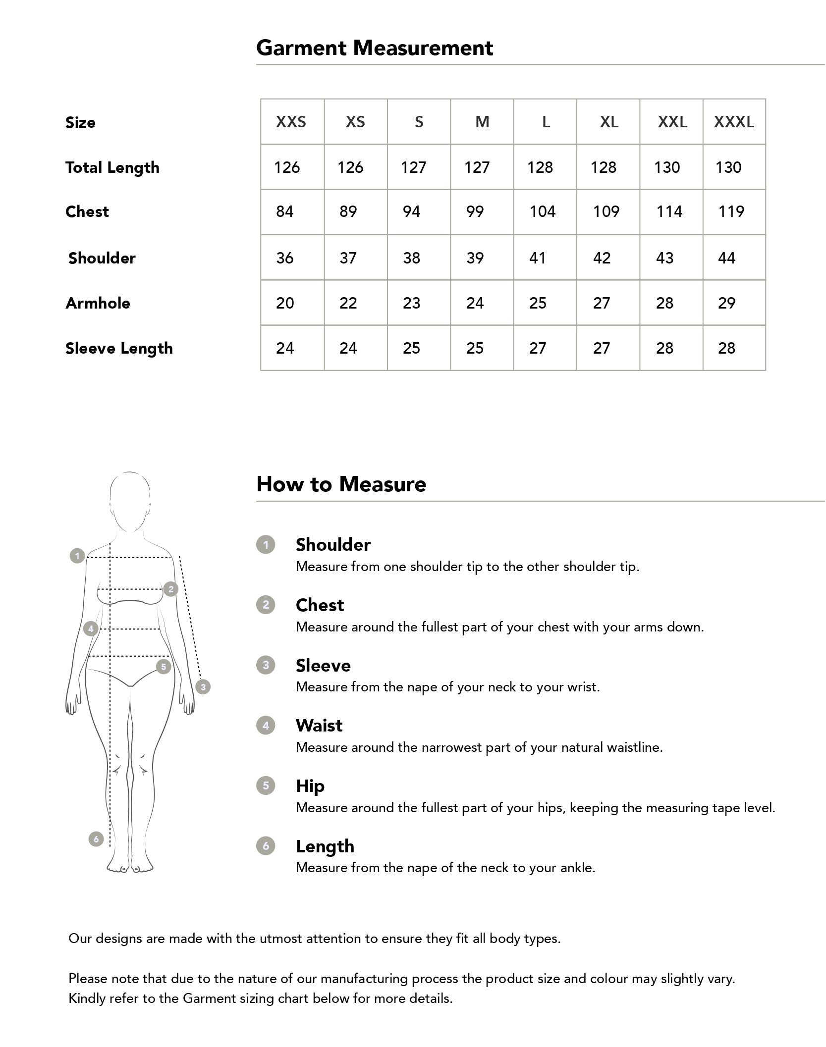 Size chart in centimetres