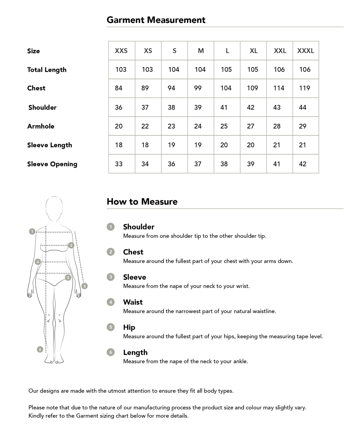 Size chart in centimetres