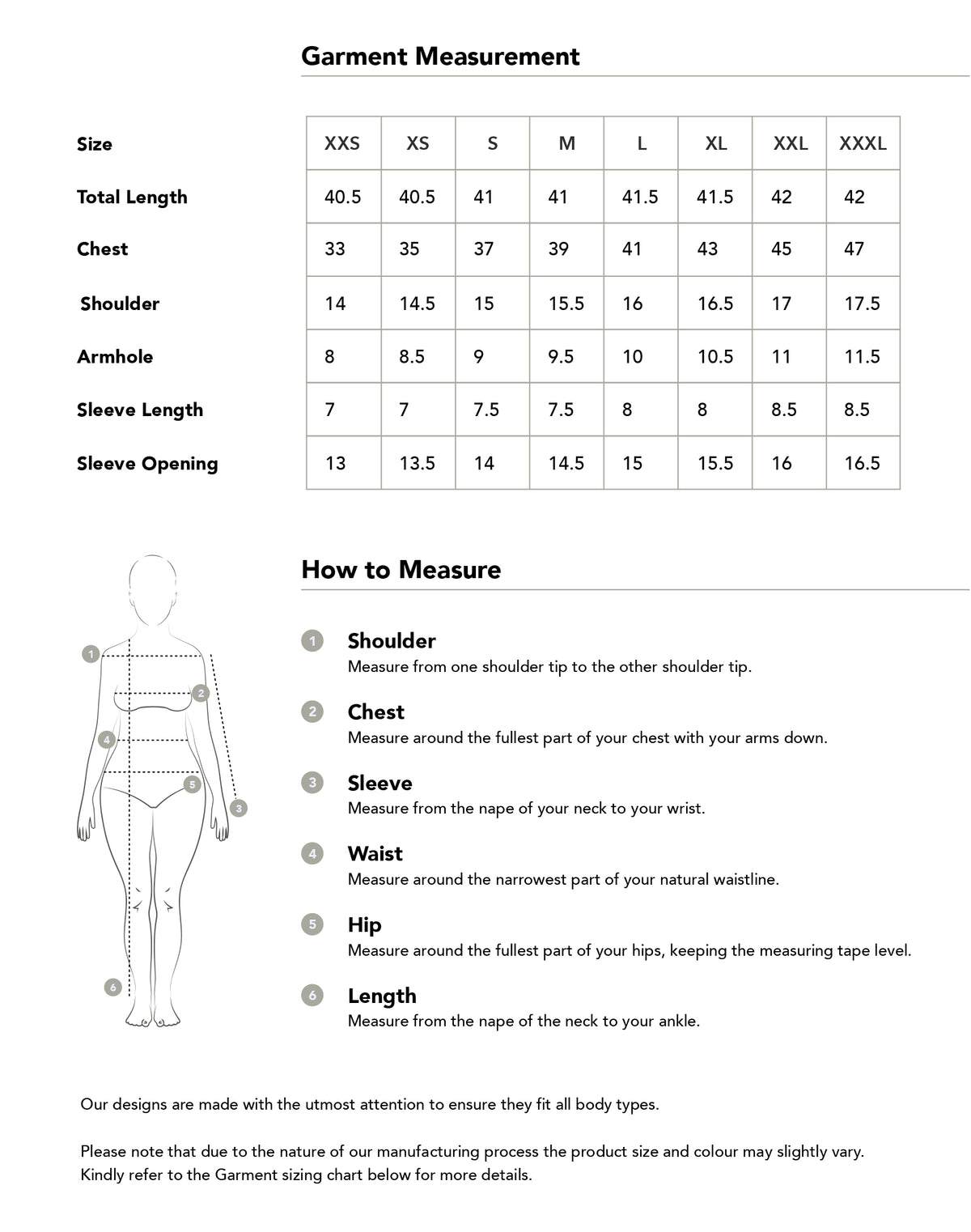 Size chart in inches