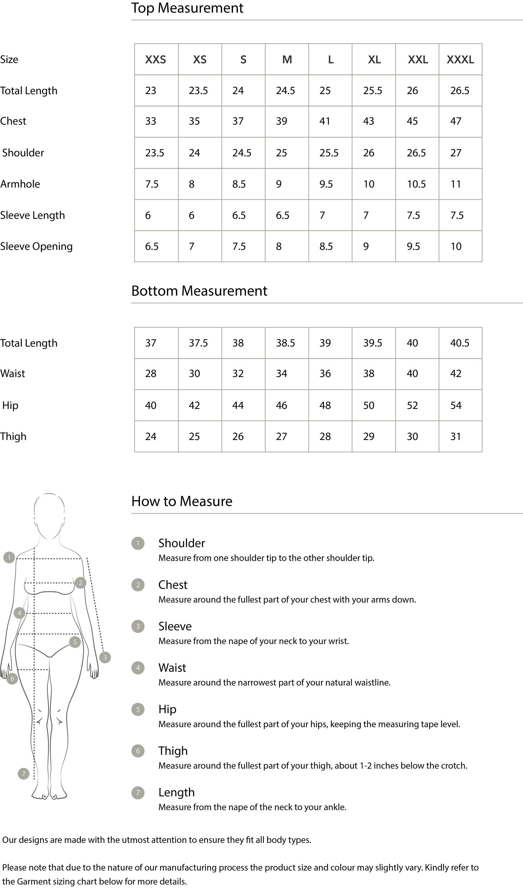 Size chart in inches