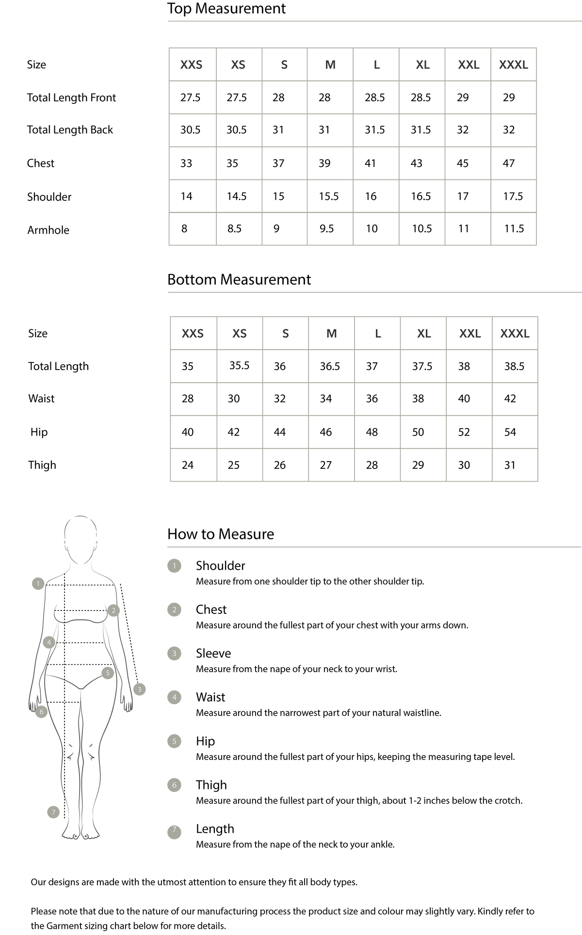 Size chart in inches