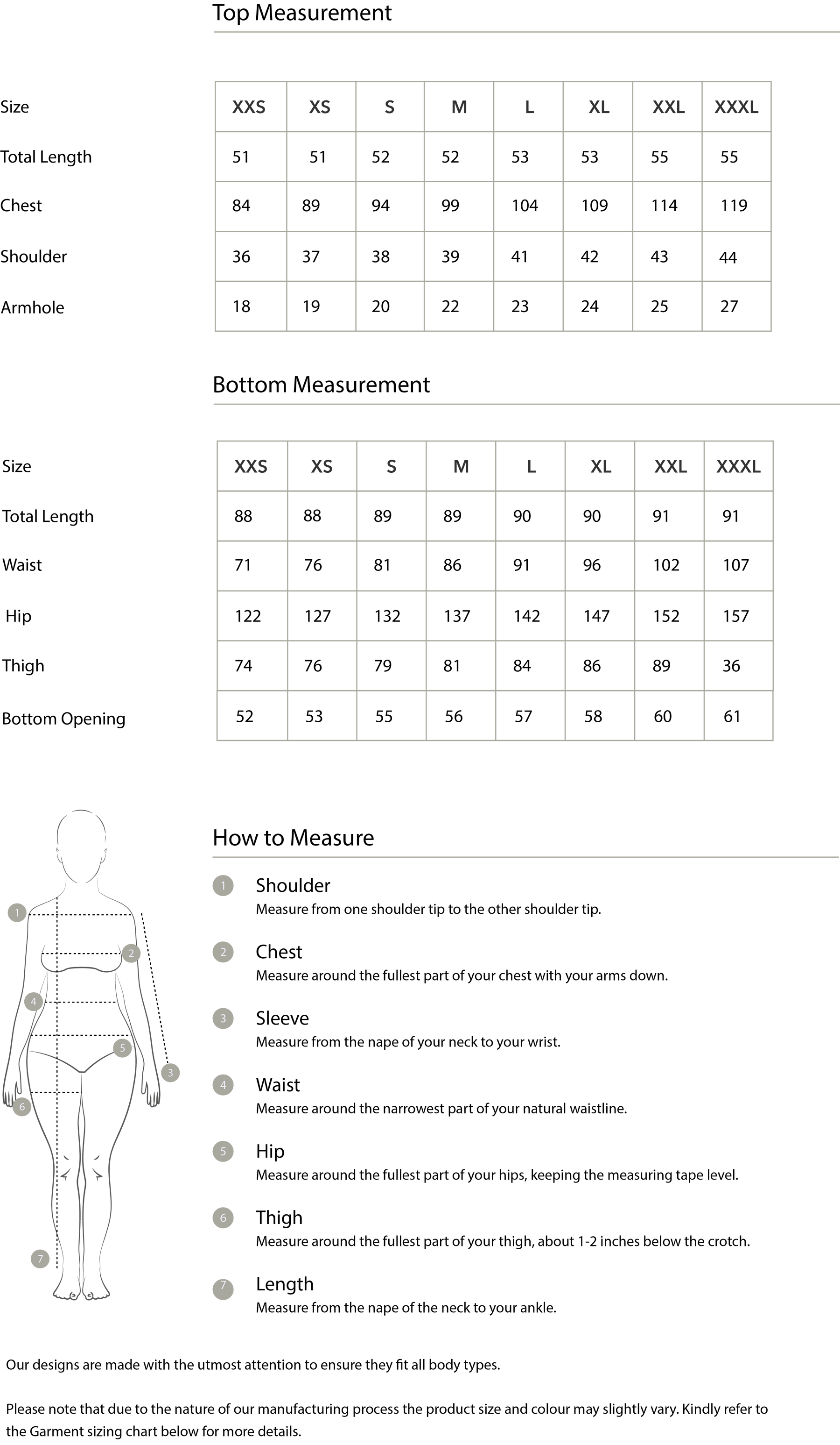 Size chart in centimetres