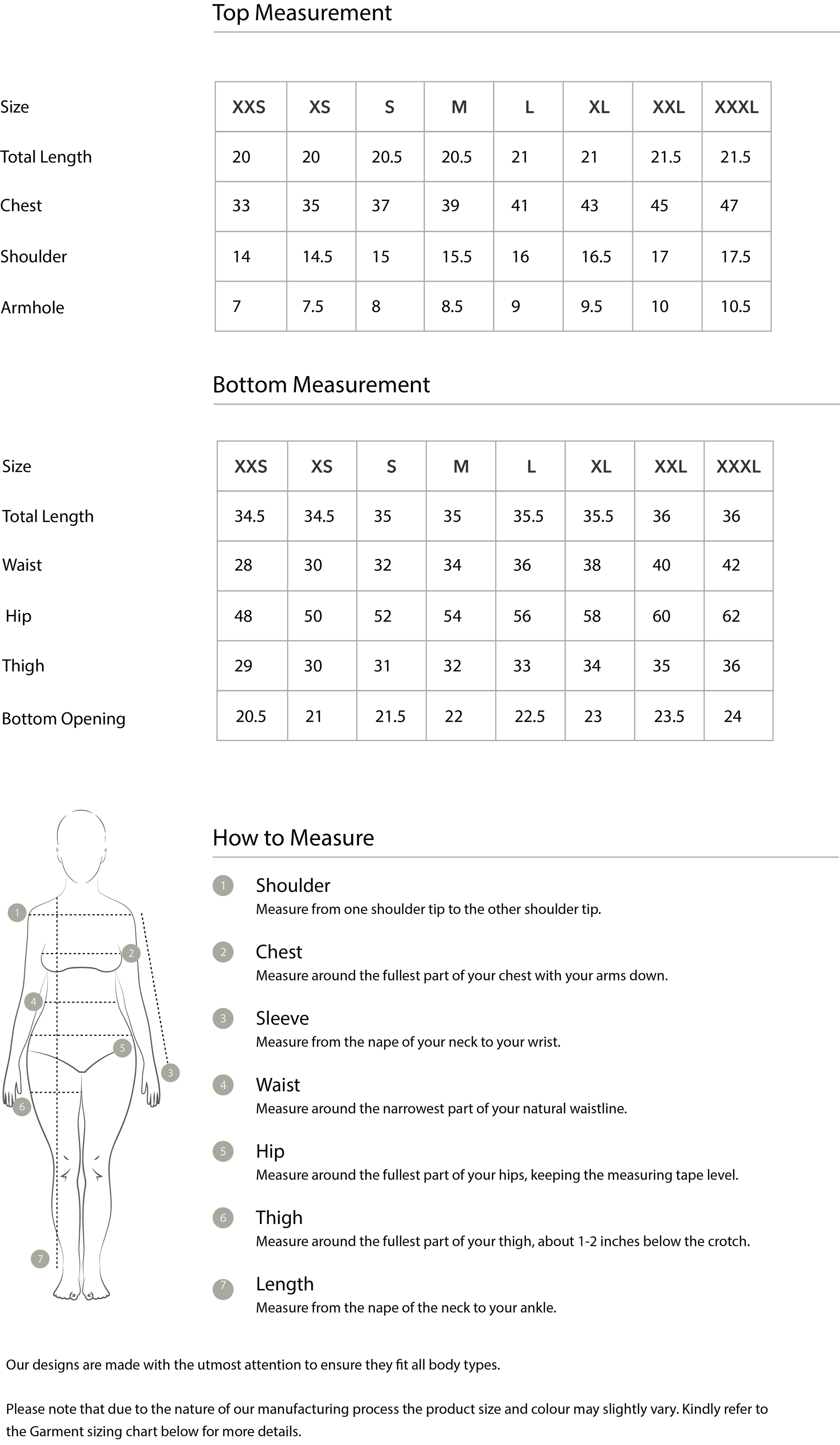 Size chart in inches