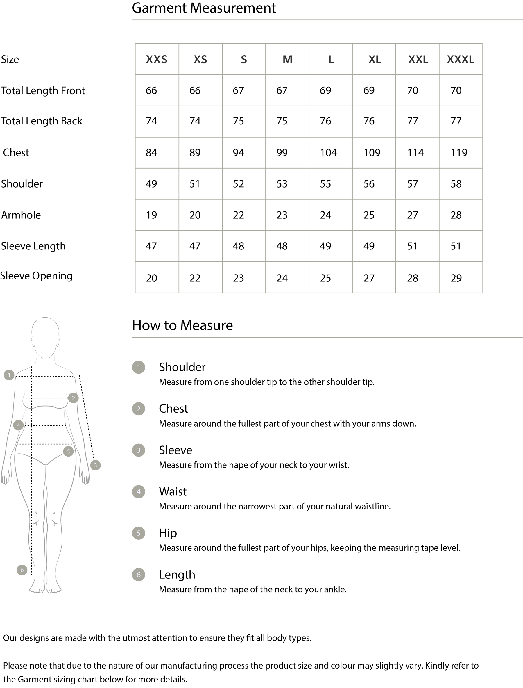 Size chart in centimetres
