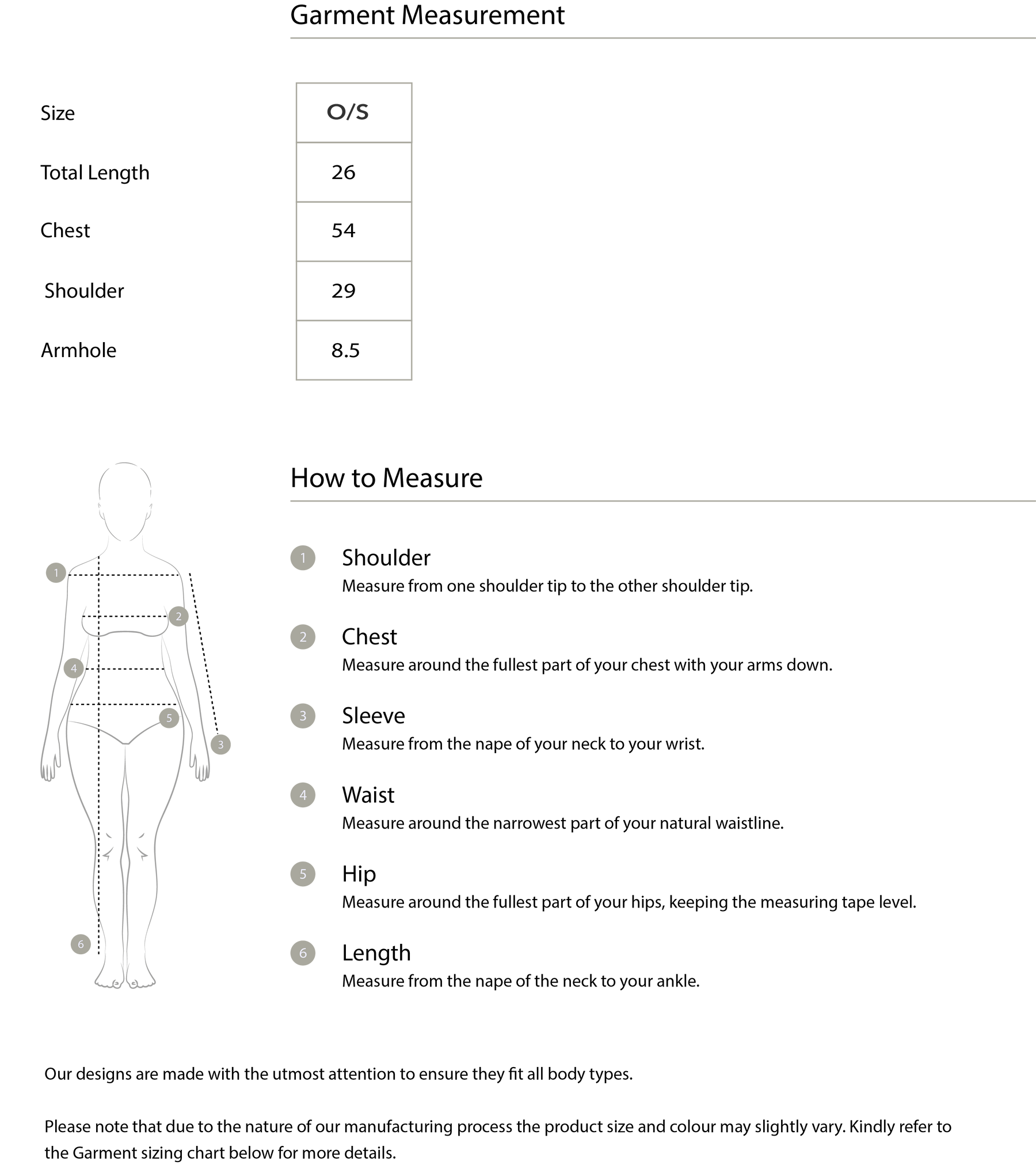 Size chart in inches
