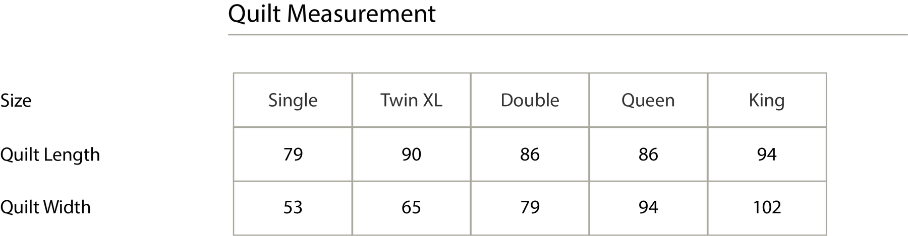 Size chart in inches