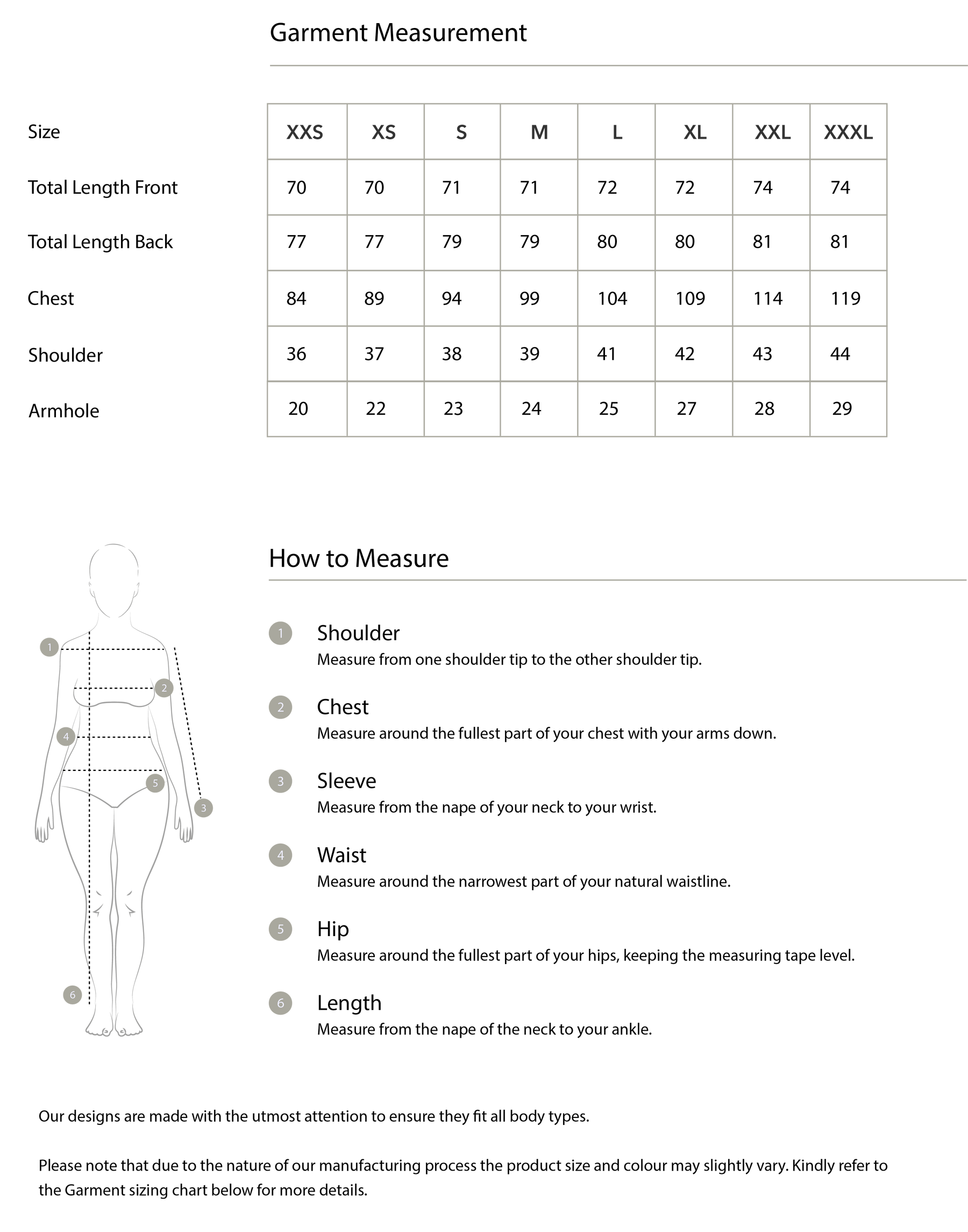 Size chart in centimetres