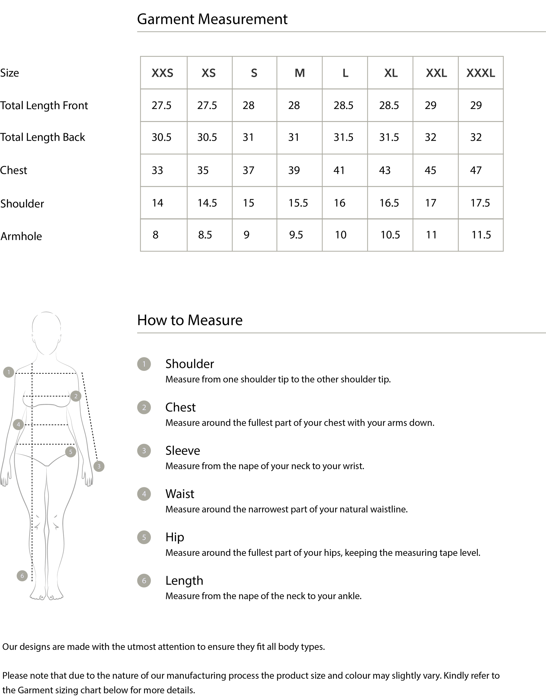 Size chart in inches