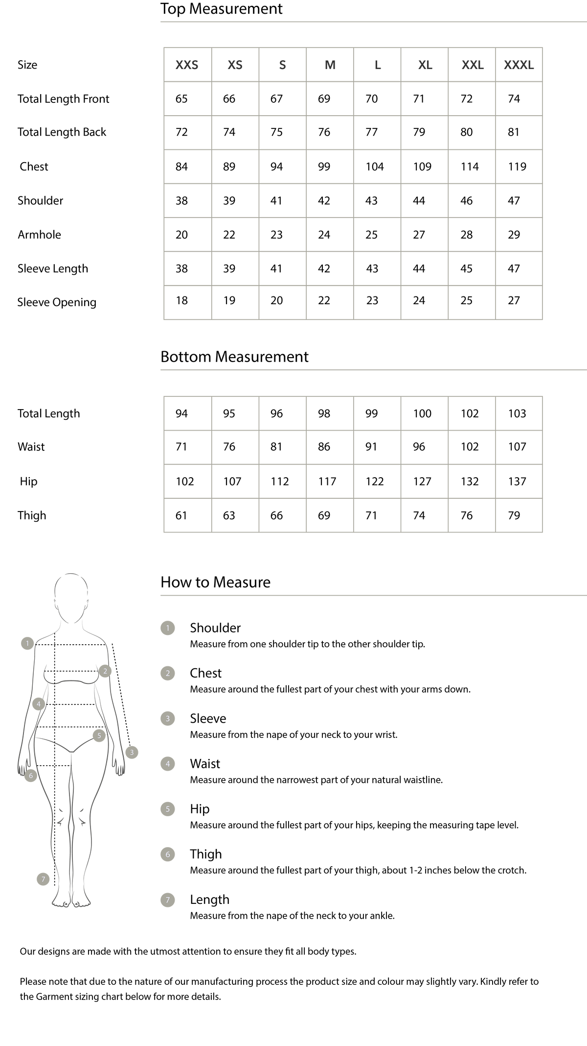 Size chart in centimetres