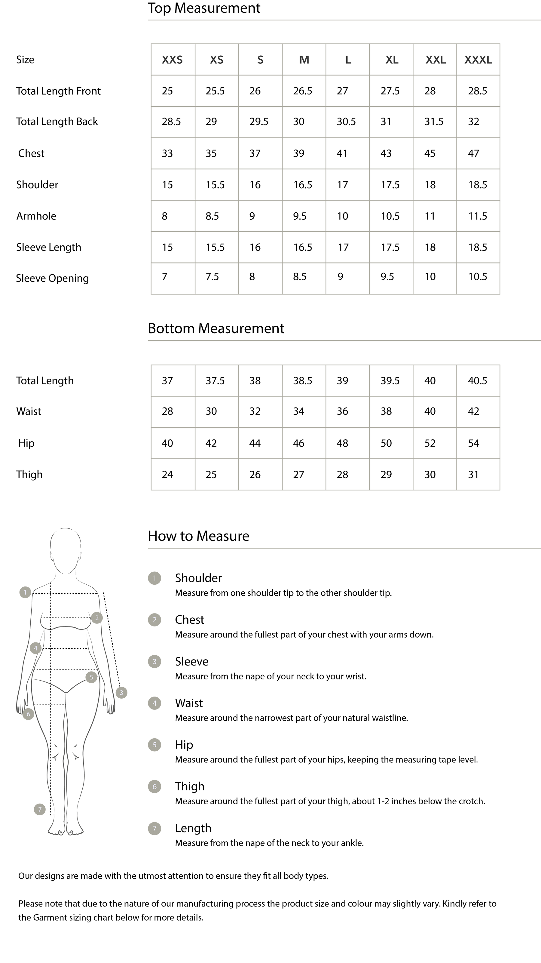 Size chart in inches